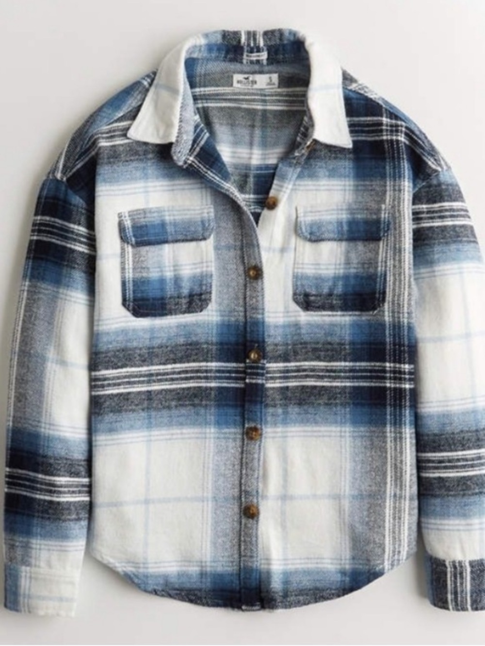 Hollister California Blue & White Ombre Plaid Boyfriend Fit Flannel Shirt